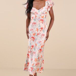 Lulus Ryland Cream Multi Floral Satin Flutter Sleeve Midi Dress White - Size M
